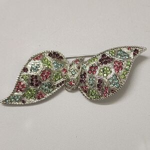 Vintage D’ORIAN Rhinestone Leaf Bow Brooch Silver Tone Signed 2.5”